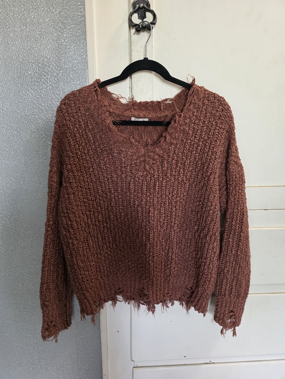 ADORA Rust-Textured Distressed V-Neck Sweater